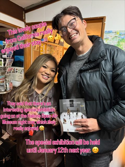 This lovely couple from California really enjoyed their stay🇺🇸😊👍Thank you so much for your stay‼️

They said that there's an interesting special exhibition going on at "Hakone Open-Air Museum" right now, which they really enjoyed 🤩 

Flying samurai⁉️
That sounds really interesting🤩‼️

The special exhibition will be held until January 12th next year. 😊
We are definitely going to go see it✌️

カリフォルニアからの素敵なカップル🇺🇸😊👍
ここでの滞在をとても楽しんでくれました！
ご滞在誠にありがとうございます‼️

箱根彫刻の森美術館では今面白い特別展示をやってるみたいで、すごくよかったとのこと🤩

空飛ぶ侍⁉️
とっても面白そうですね‼️

特別展示は来年1月12日まで開催しているようです😊
絶対観に行こうと思います‼️

#hakoneopenairmuseum 
#samurai 
#doraemon 
#hakone 
#avatorthelastairbender 
#museum 
#japantrip 
#japantravel 
#onsen 
#箱根彫刻の森美術館 
#特別展示 
#サムライ 
#野口哲哉 
#ドラえもん 
#温泉 
#箱根